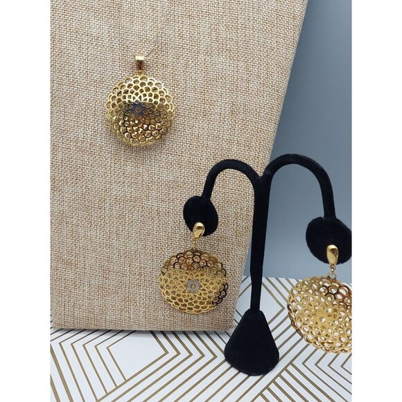 Gold Tone Link Chain Puff Filigree Pendant Necklace & Dangle Earrings Set 24" GX - Picture 1 of 11